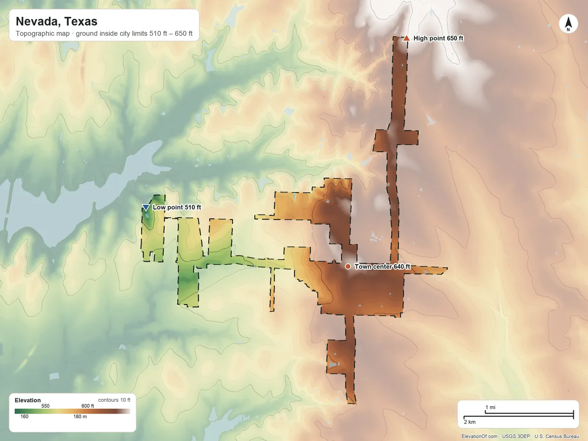 Topographic elevation map of Nevada, Texas, shaded from 510 ft on the west side to 650 ft on the north side