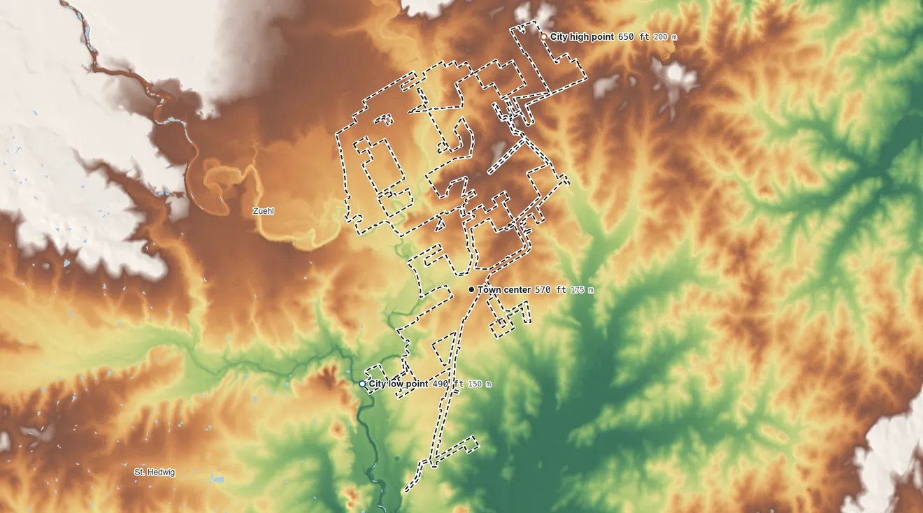 Topographic elevation map of New Berlin, Texas, shaded from 490 ft on the southwest side to 650 ft on the north side