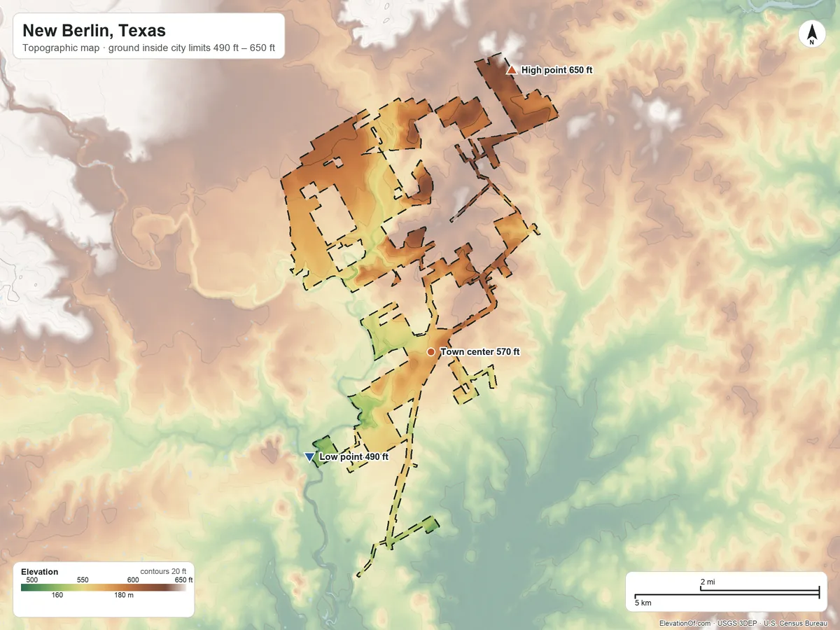 Topographic elevation map of New Berlin, Texas, shaded from 490 ft on the southwest side to 650 ft on the north side