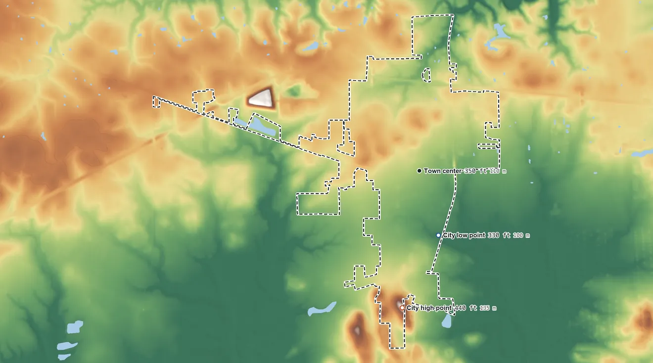Topographic elevation map of New Boston, Texas, shaded from 330 ft on the south side to 440 ft on Glass Hill