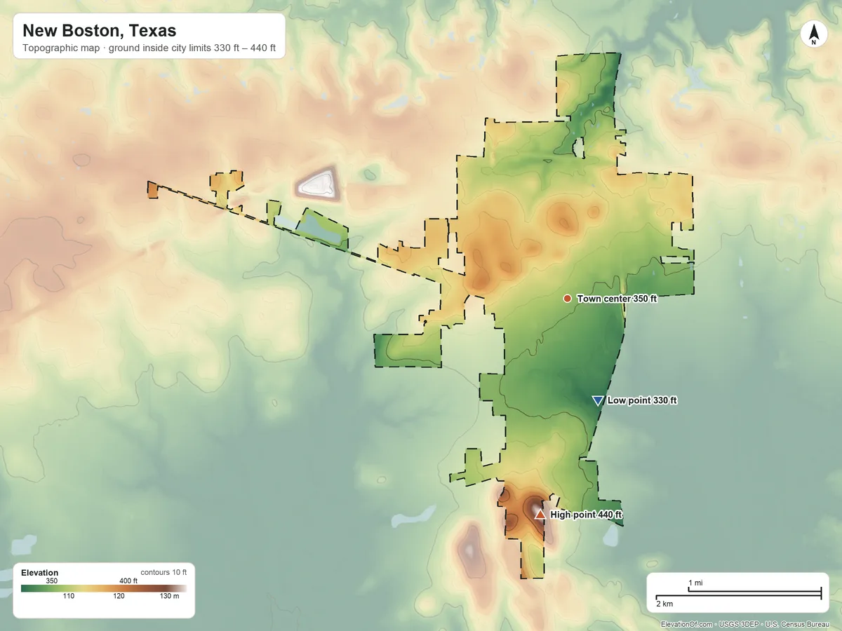 Topographic elevation map of New Boston, Texas, shaded from 330 ft on the south side to 440 ft on Glass Hill