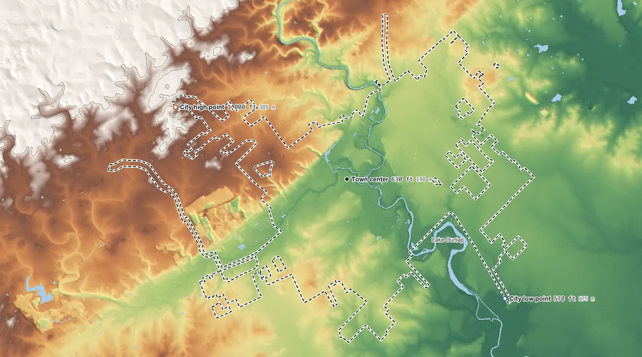 Topographic elevation map of New Braunfels, Texas, shaded from 570 ft on the southeast side to 1,000 ft on the northwest side