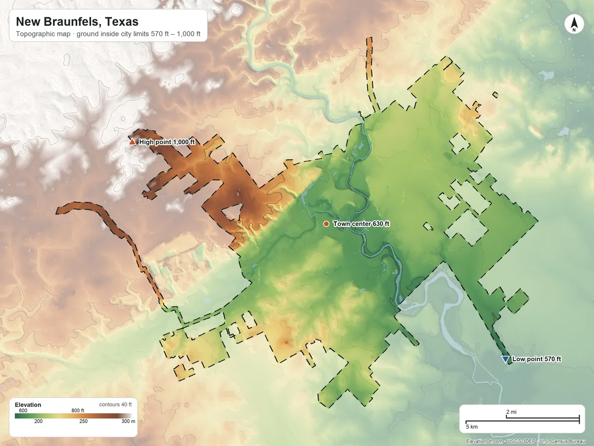 Topographic elevation map of New Braunfels, Texas, shaded from 570 ft on the southeast side to 1,000 ft on the northwest side