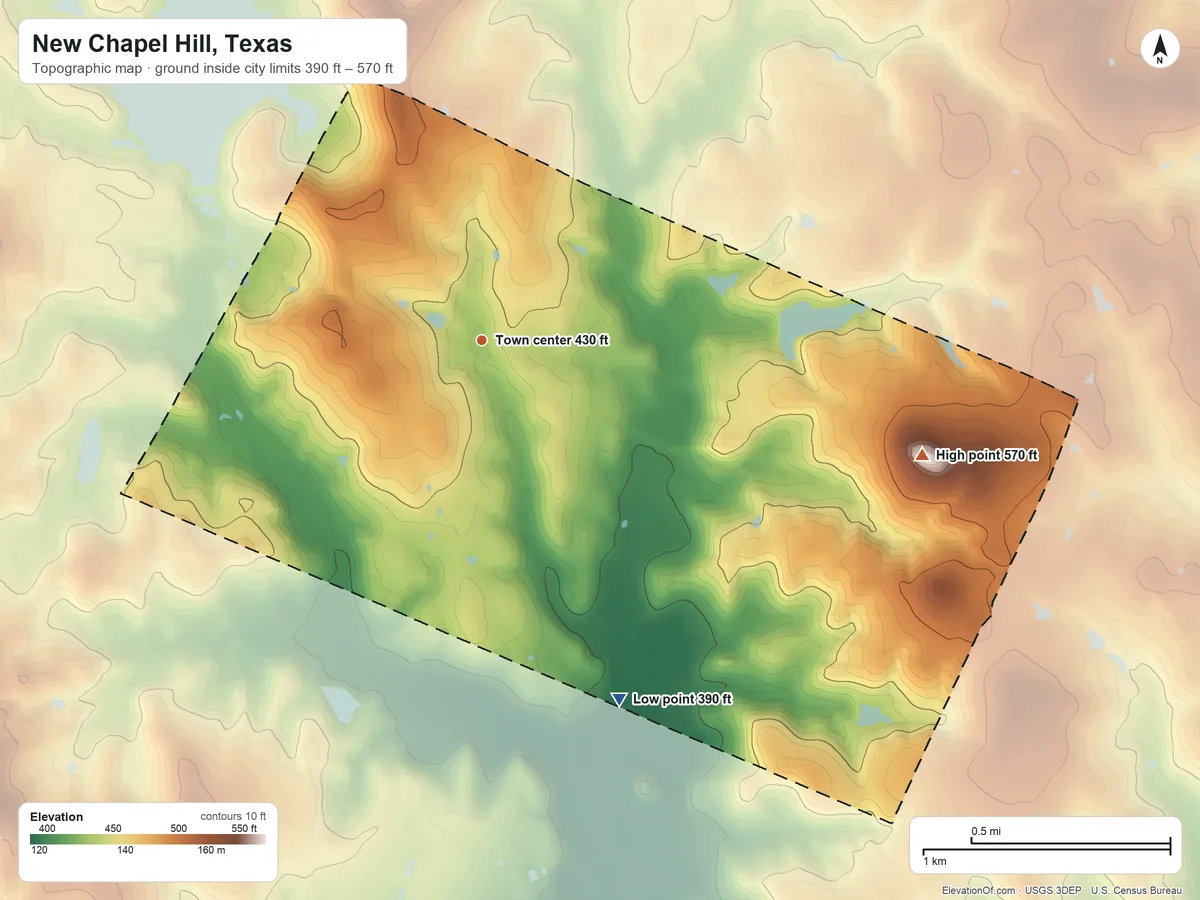 Topographic elevation map of New Chapel Hill, Texas, shaded from 390 ft on the south side to 570 ft on the east side