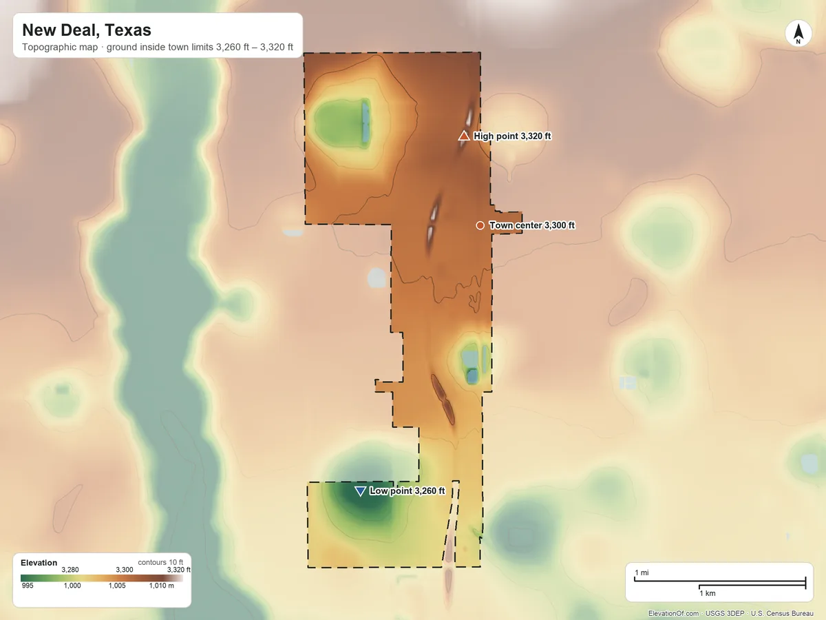 Topographic elevation map of New Deal, Texas, shaded from 3,260 ft on the southwest side to 3,320 ft on the north side