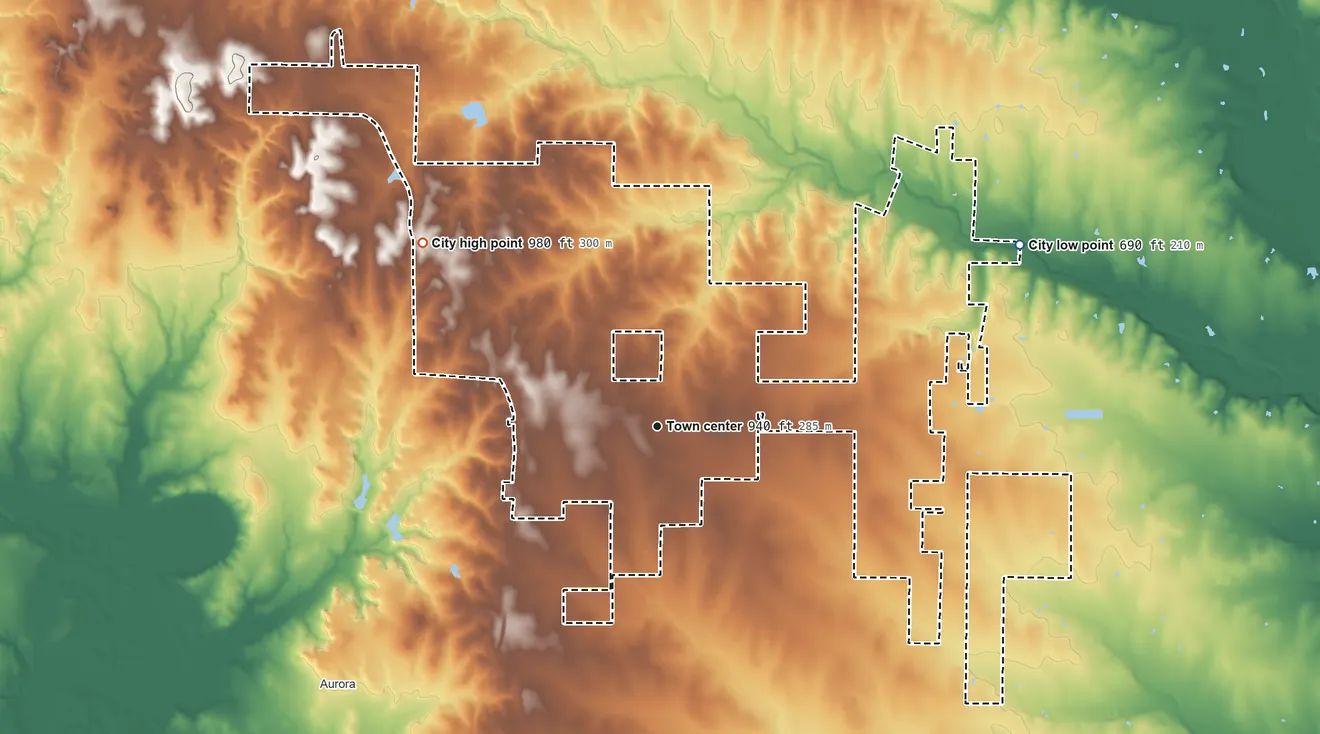 Topographic elevation map of New Fairview, Texas, shaded from 690 ft on the northeast side to 980 ft on the northwest side