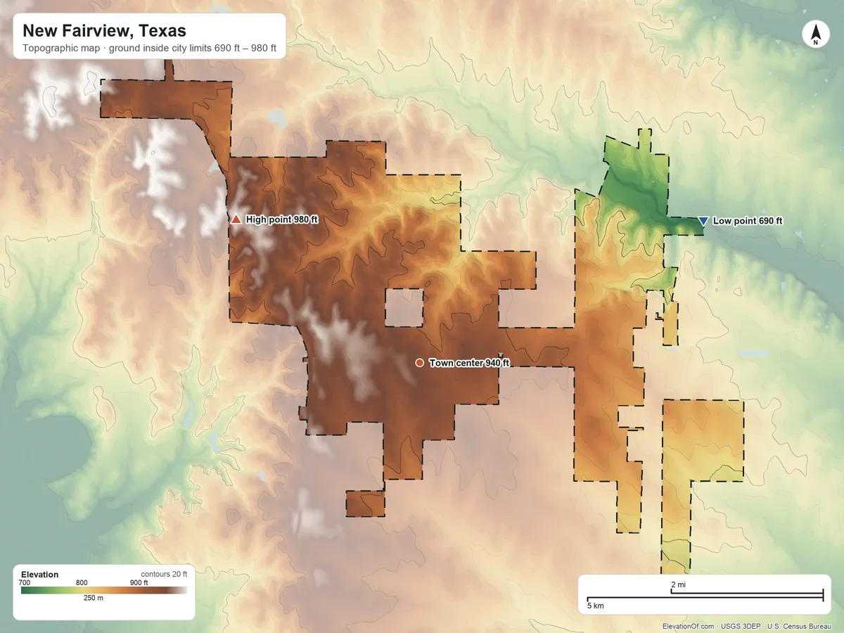 Topographic elevation map of New Fairview, Texas, shaded from 690 ft on the northeast side to 980 ft on the northwest side