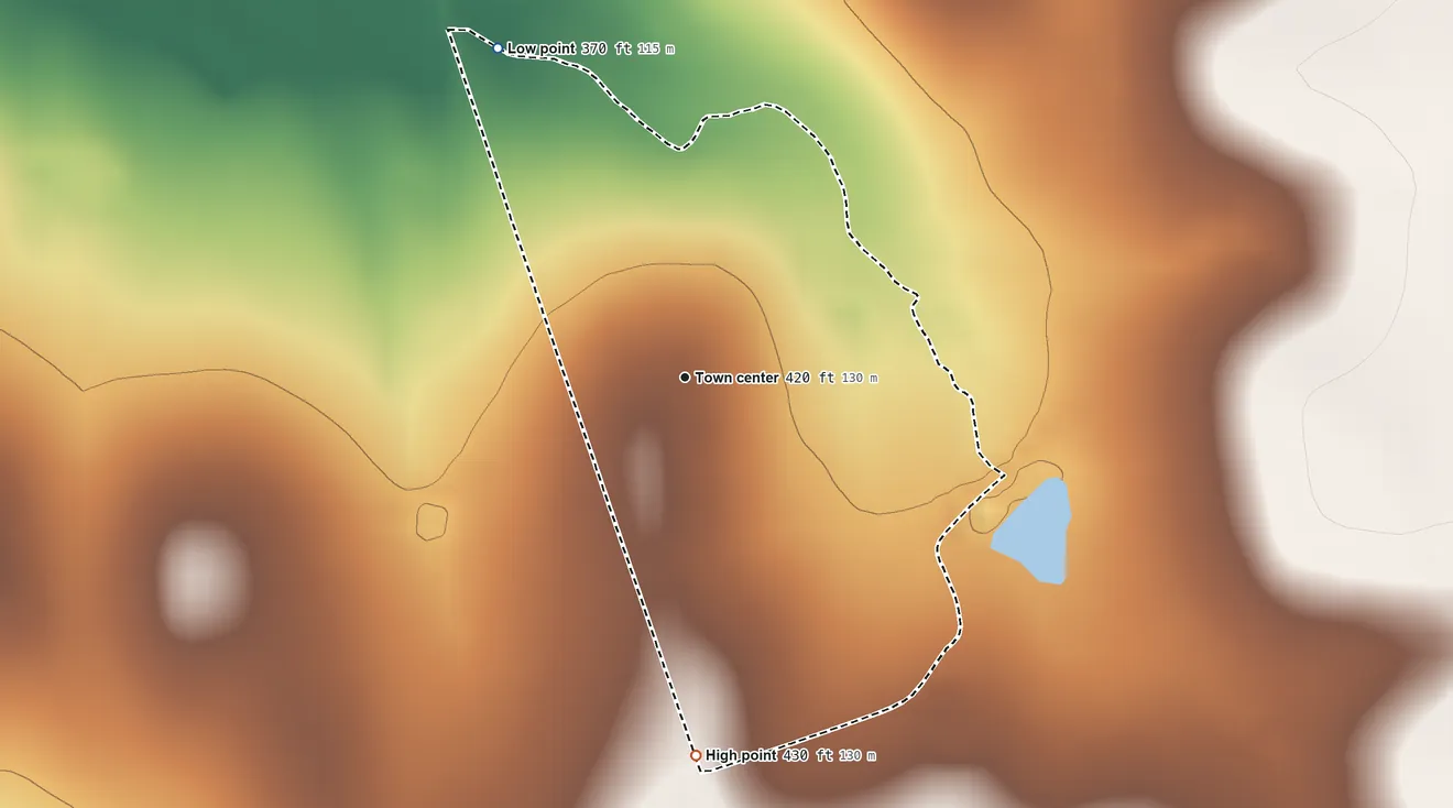 Topographic elevation map of New Falcon, Texas, shaded from 370 ft on the northwest side to 430 ft on the south side