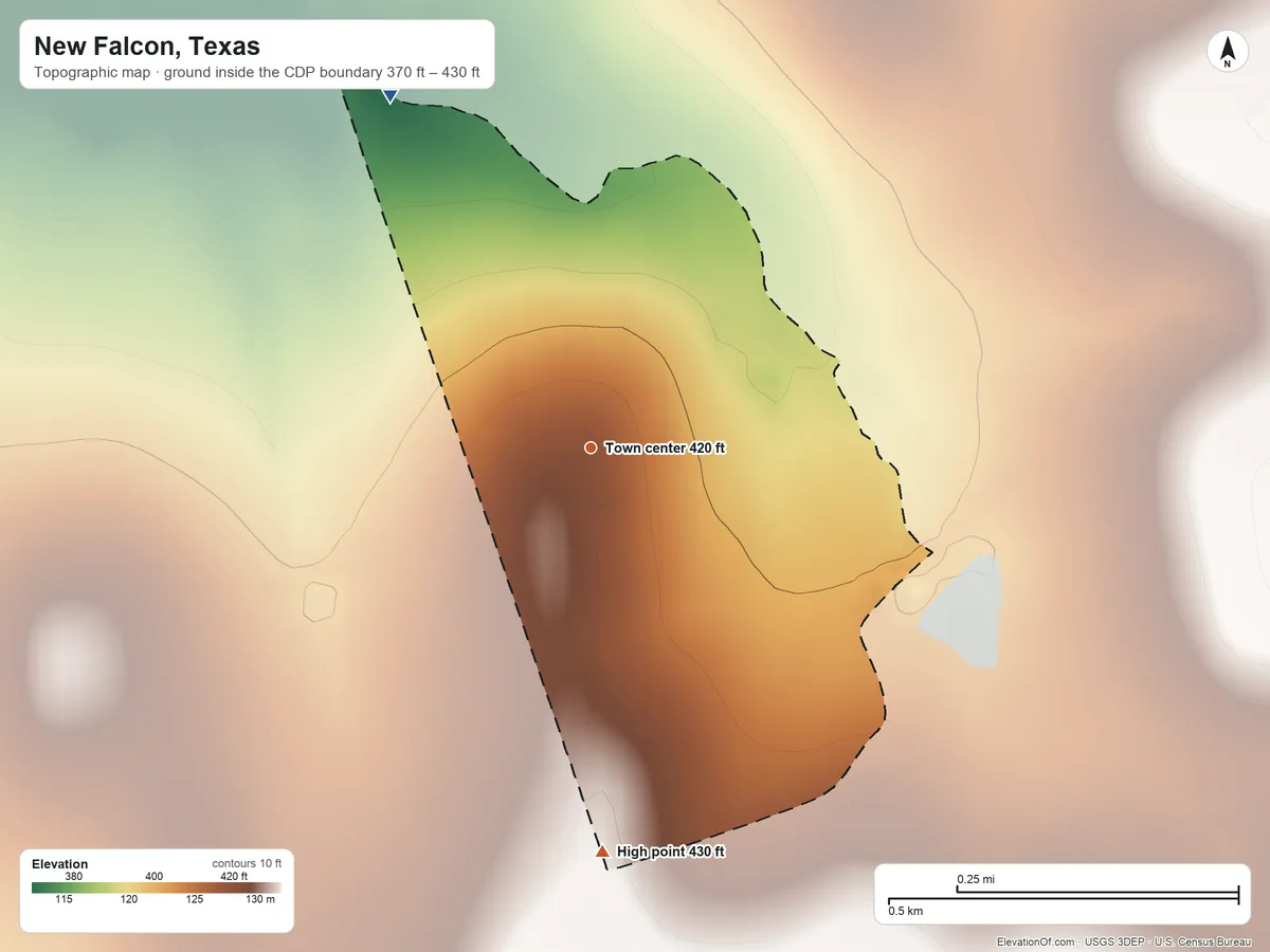 Topographic elevation map of New Falcon, Texas, shaded from 370 ft on the northwest side to 430 ft on the south side
