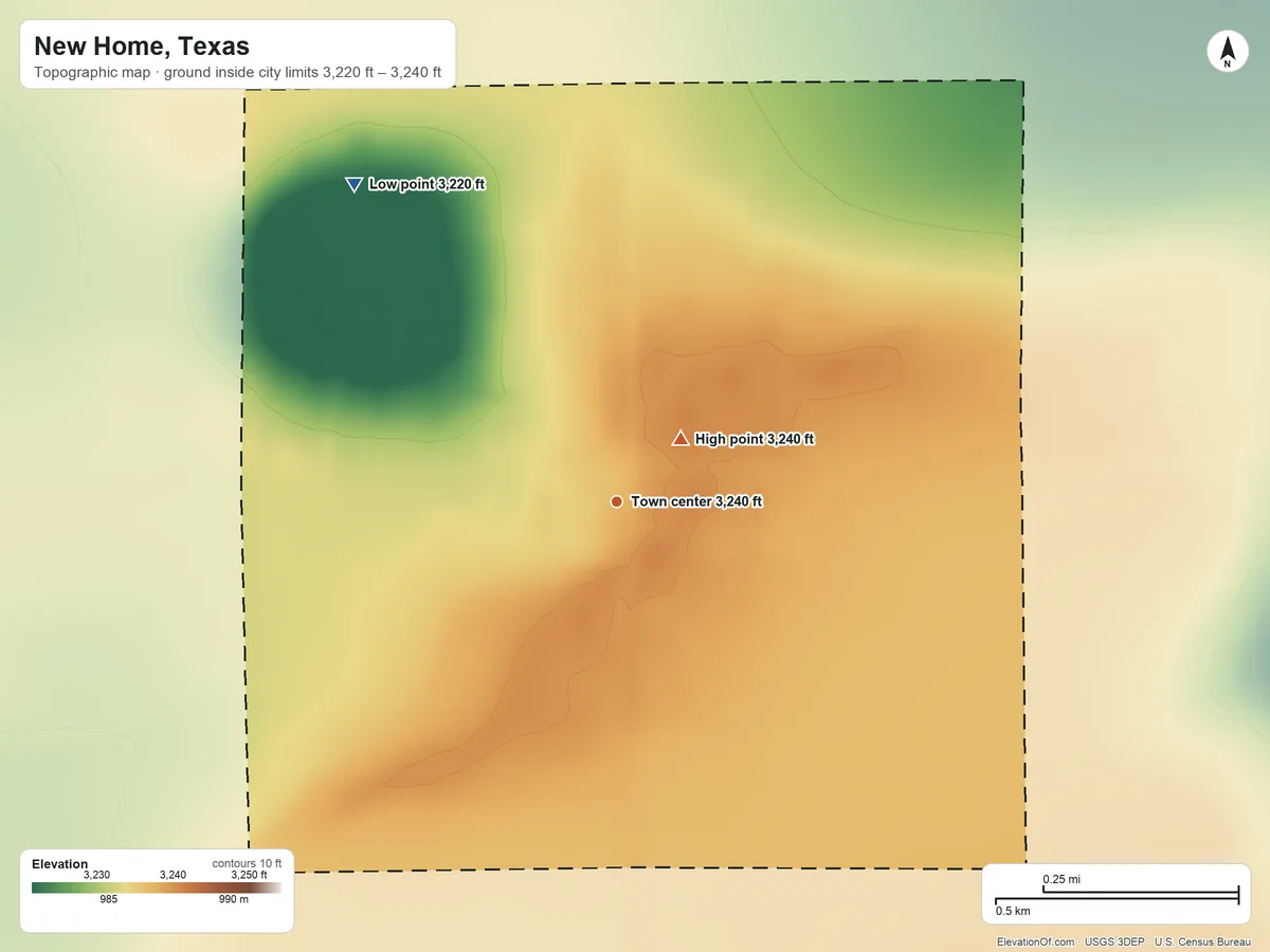 Topographic elevation map of New Home, Texas, shaded from 3,220 ft on the northwest side to 3,240 ft near the middle