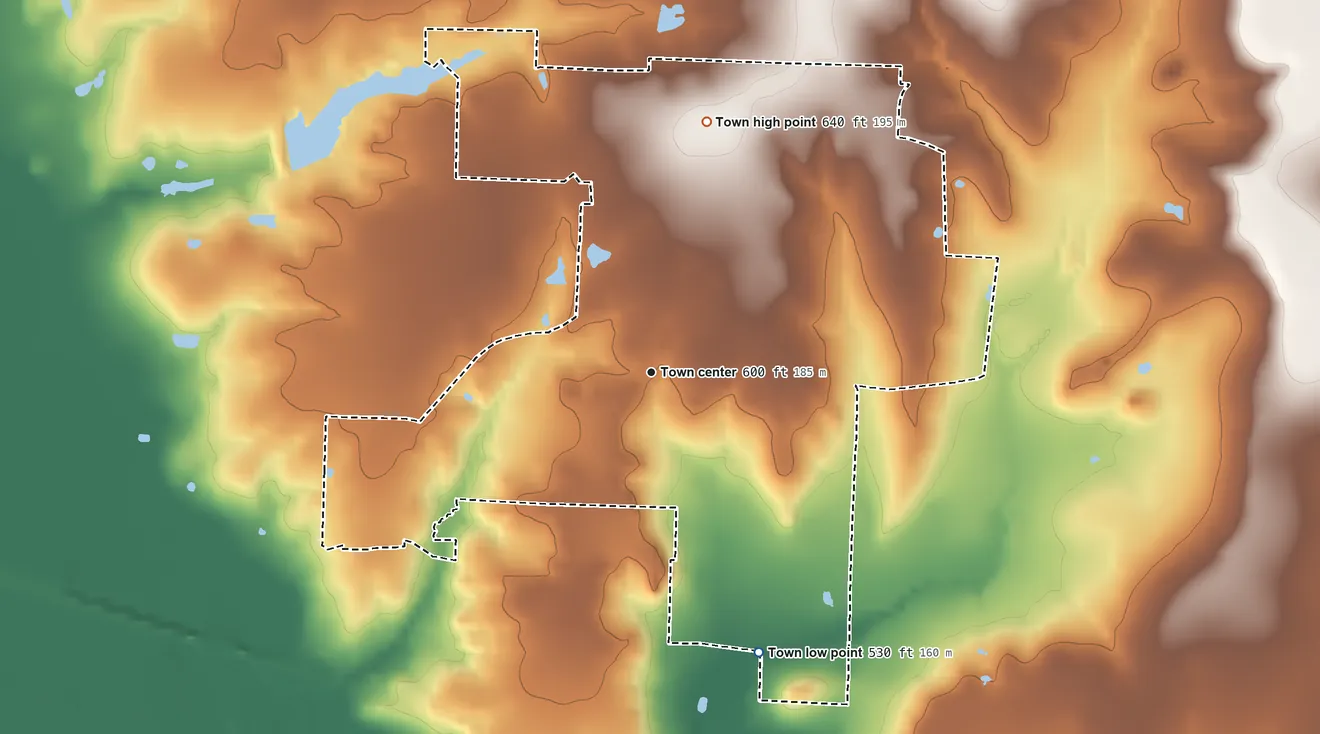 Topographic elevation map of New Hope, Texas, shaded from 530 ft on the south side to 640 ft on the north side