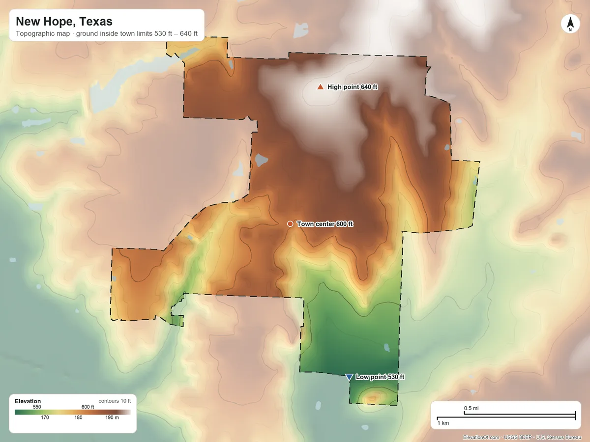 Topographic elevation map of New Hope, Texas, shaded from 530 ft on the south side to 640 ft on the north side