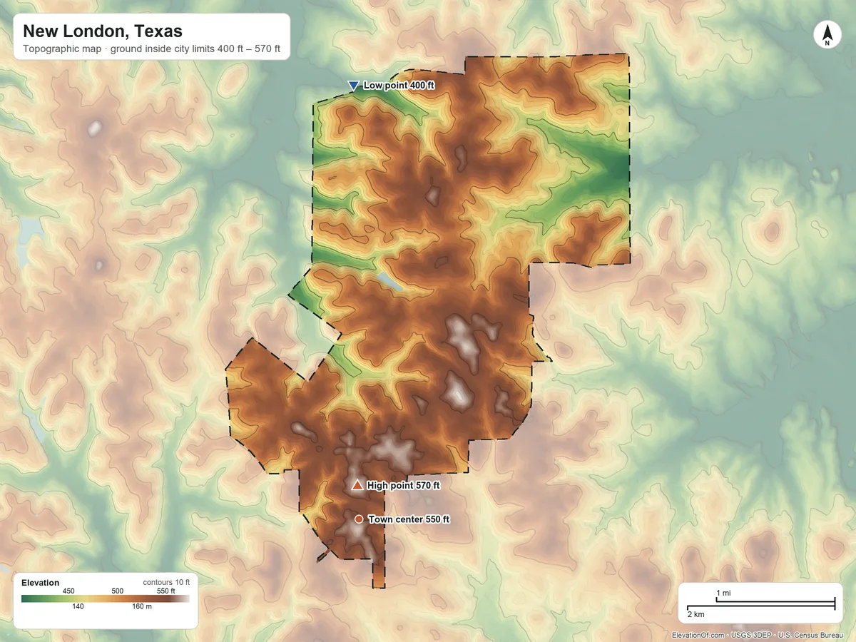 Topographic elevation map of New London, Texas, shaded from 400 ft on the north side to 570 ft near the middle