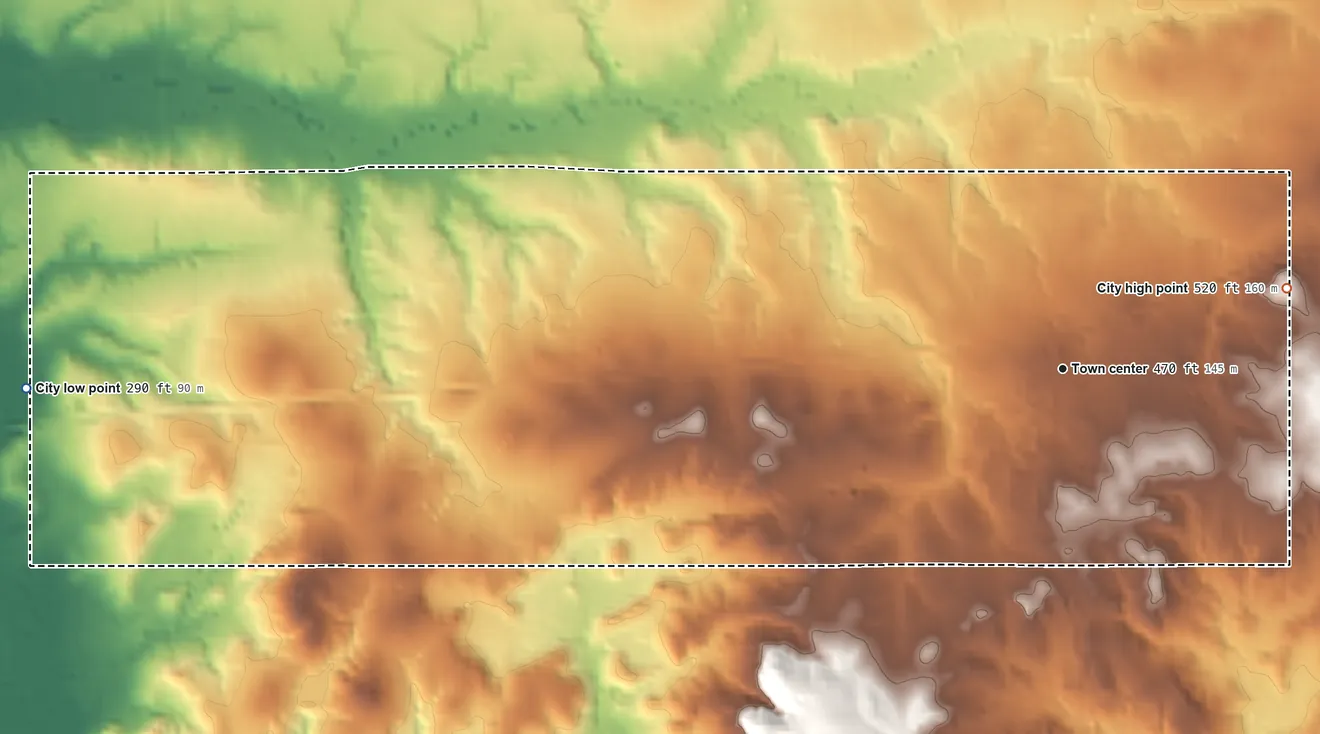 Topographic elevation map of New Summerfield, Texas, shaded from 290 ft on the west side to 520 ft on the east side