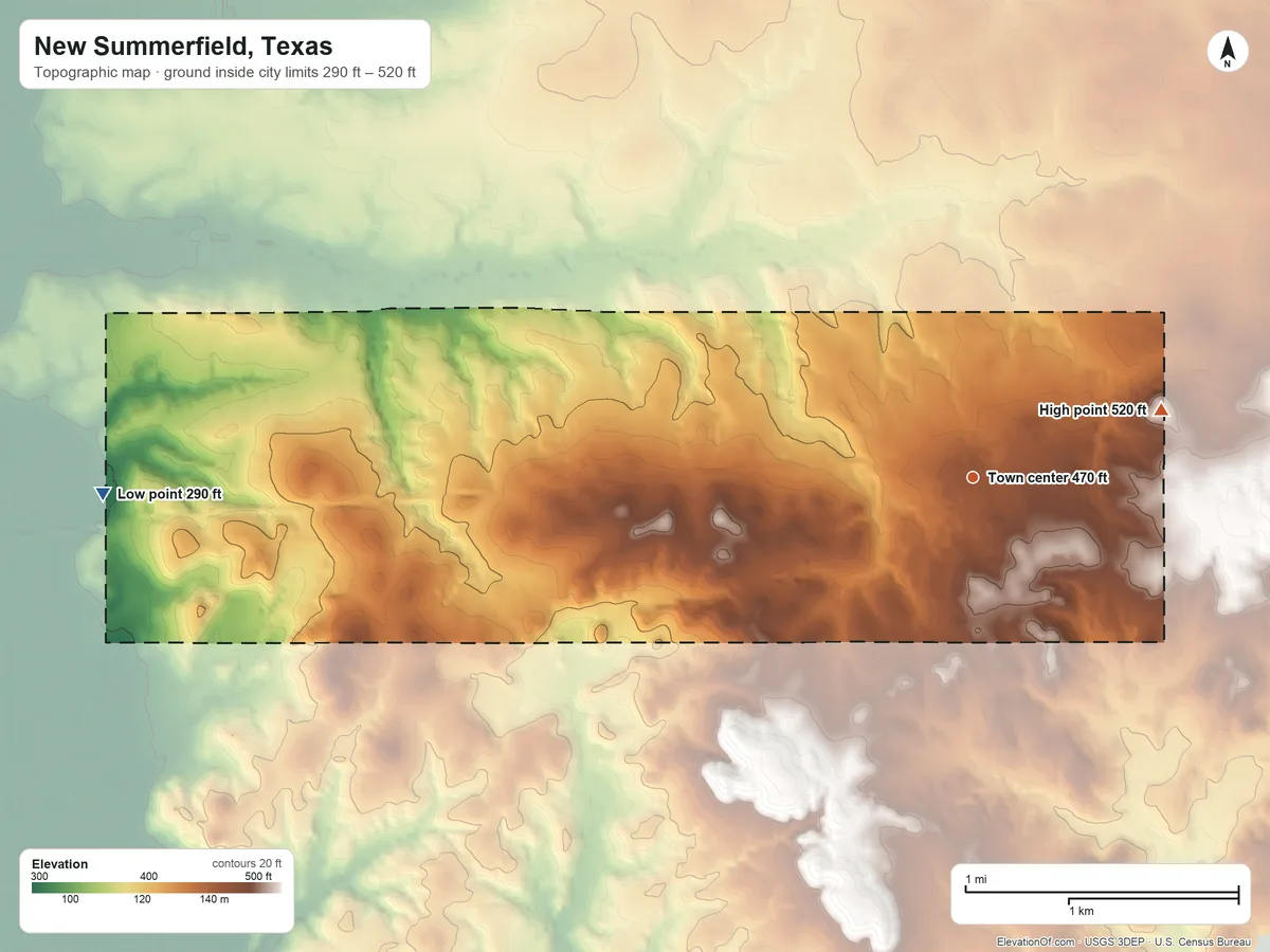 Topographic elevation map of New Summerfield, Texas, shaded from 290 ft on the west side to 520 ft on the east side