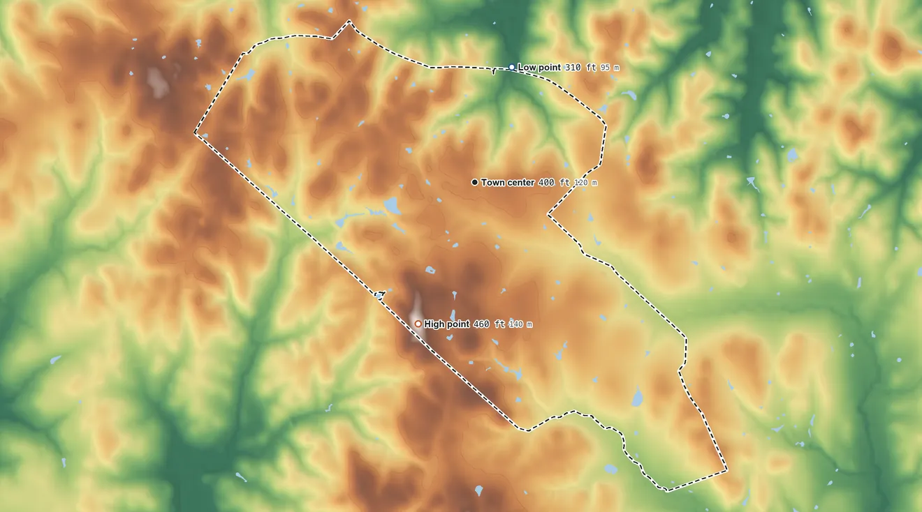 Topographic elevation map of New Ulm, Texas, shaded from 310 ft on the north side to 460 ft on the south side