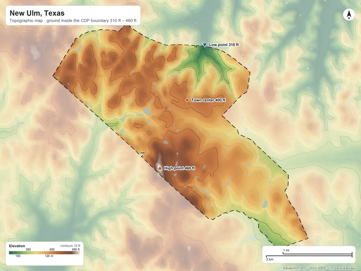 Topographic elevation map of New Ulm, Texas, shaded from 310 ft on the north side to 460 ft on the south side