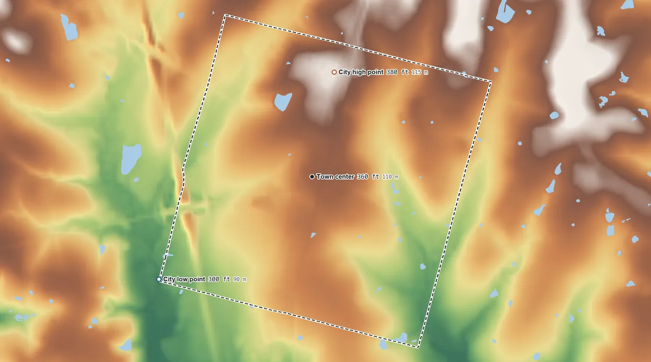 Topographic elevation map of New Waverly, Texas, shaded from 300 ft on the southwest side to 380 ft on the north side