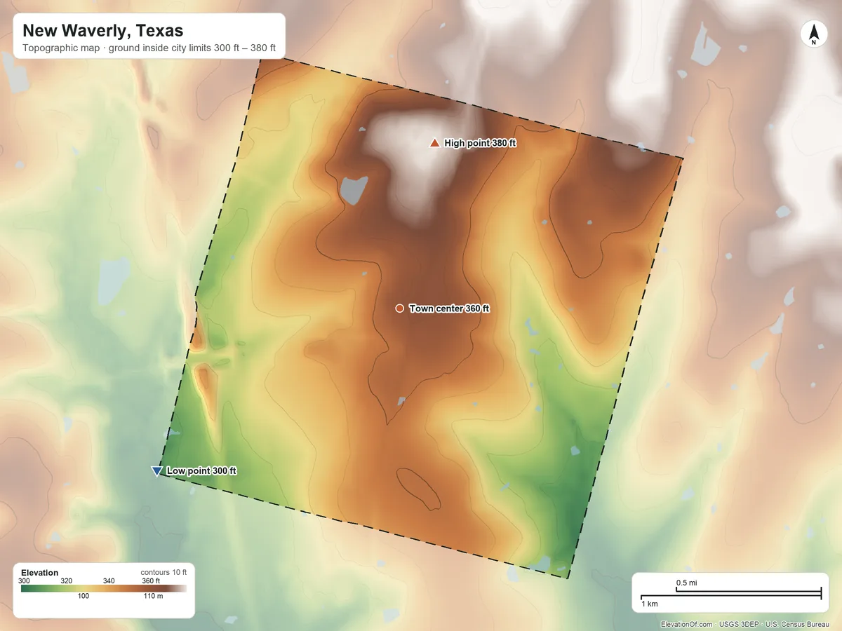 Topographic elevation map of New Waverly, Texas, shaded from 300 ft on the southwest side to 380 ft on the north side
