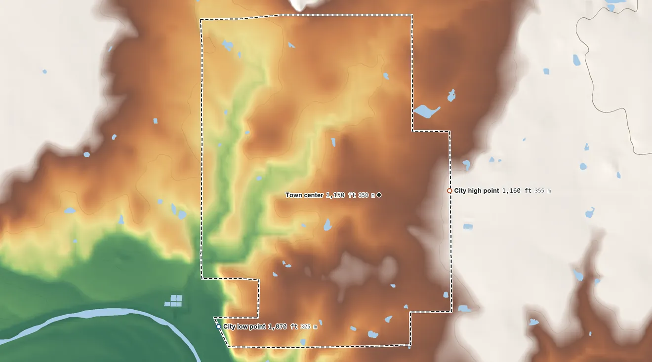 Topographic elevation map of Newcastle, Texas, shaded from 1,070 ft on the southwest side to 1,160 ft on the east side
