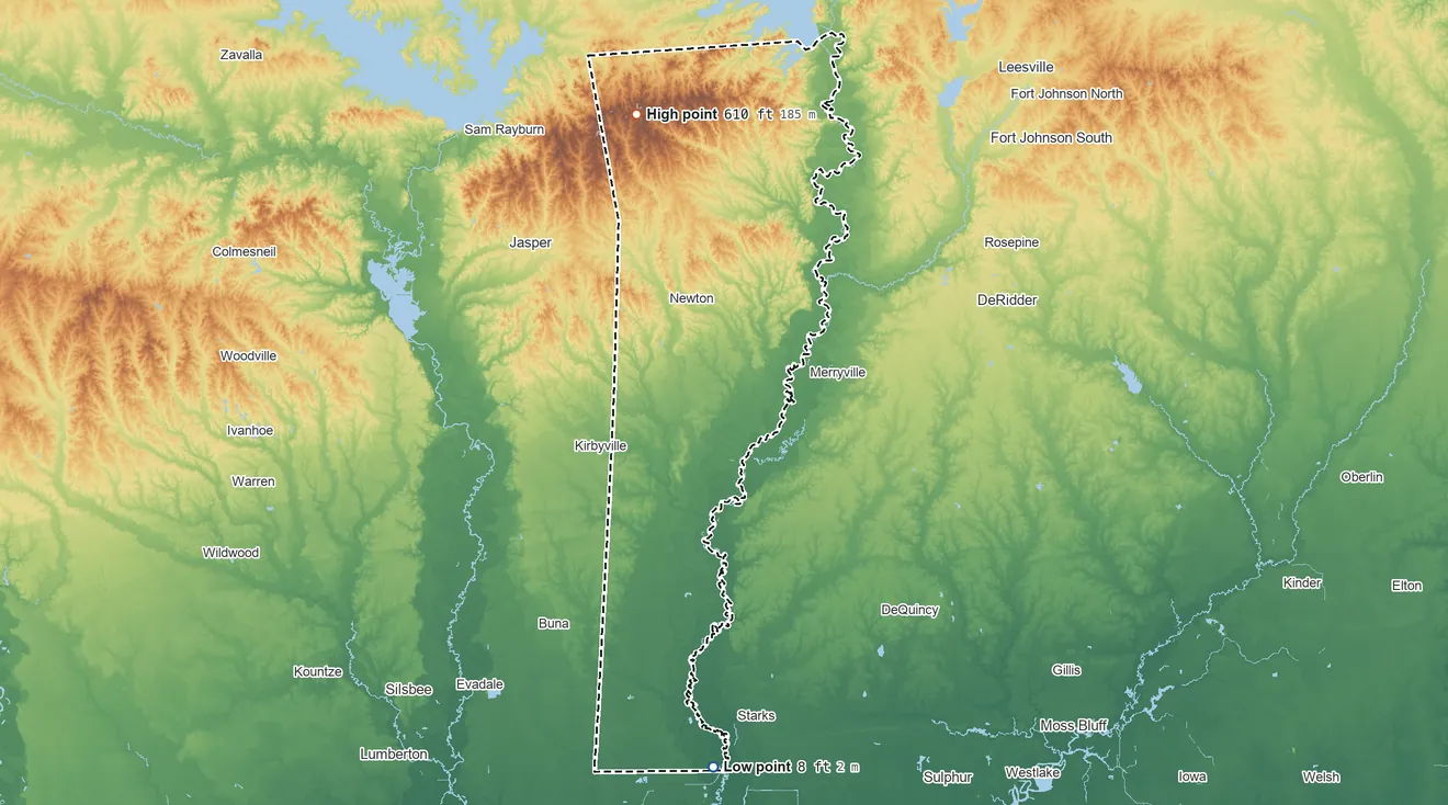 Topographic elevation map of Newton County, Texas, shaded from 8 ft on the south side to 610 ft on the north side