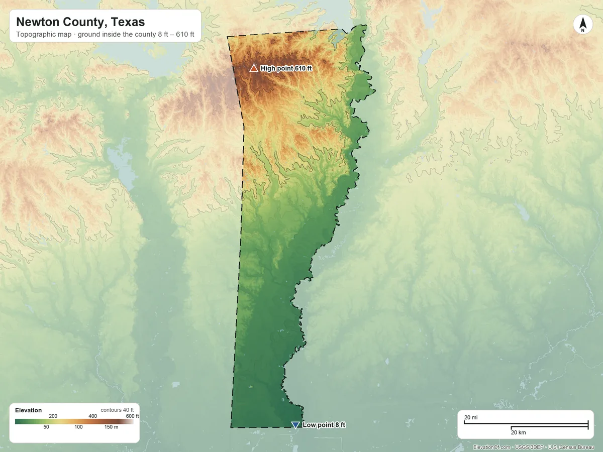 Topographic elevation map of Newton County, Texas, shaded from 8 ft on the south side to 610 ft on the north side