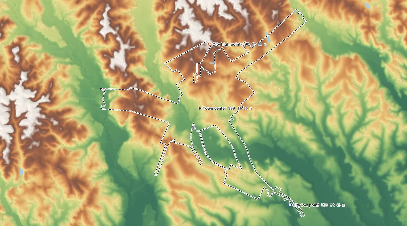 Topographic elevation map of Newton, Texas, shaded from 150 ft on the southeast side to 300 ft on the north side