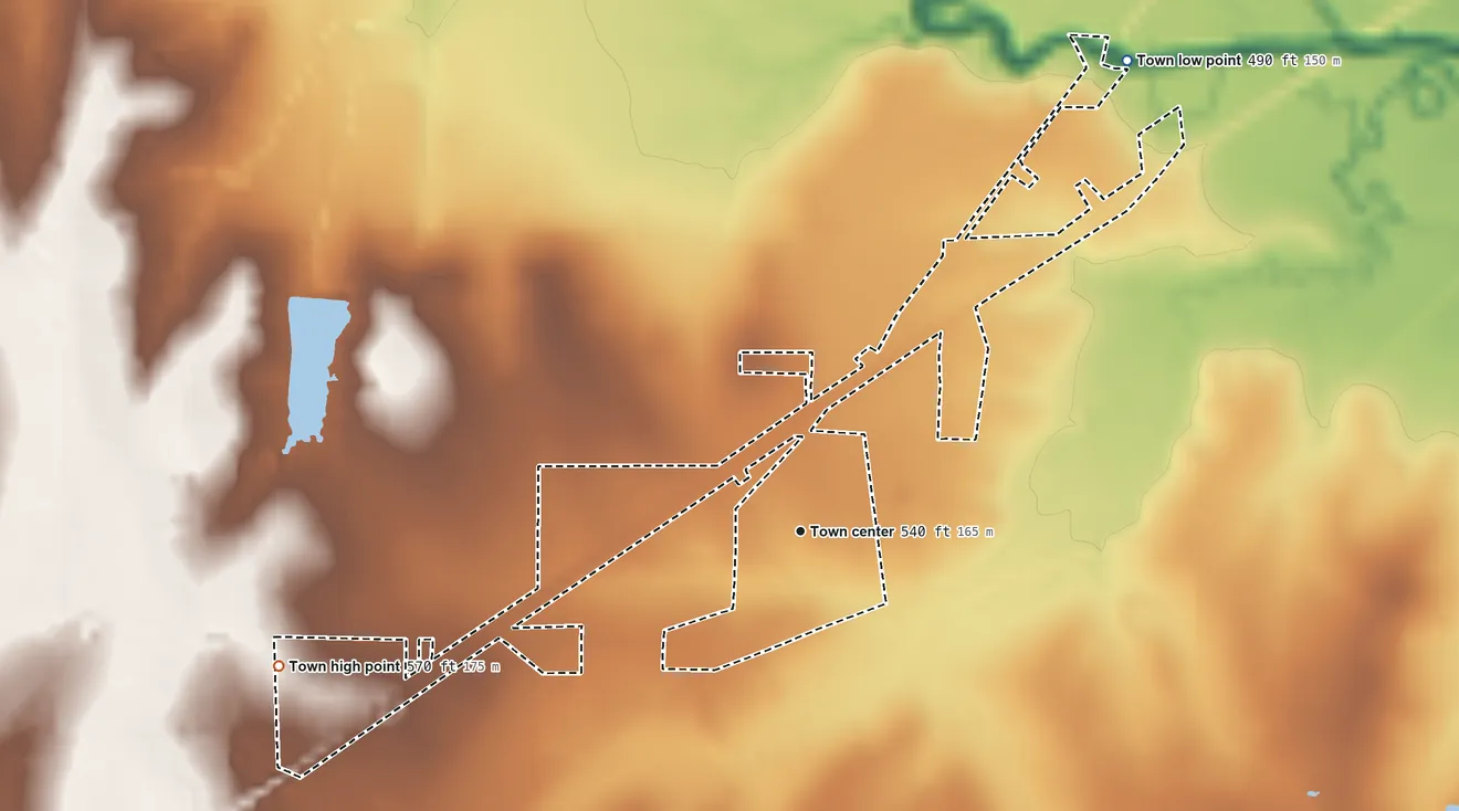 Topographic elevation map of Neylandville, Texas, shaded from 490 ft on the northeast side to 570 ft on the west side