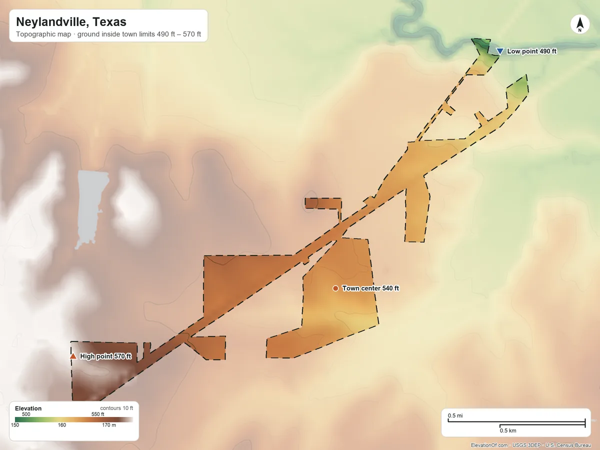 Topographic elevation map of Neylandville, Texas, shaded from 490 ft on the northeast side to 570 ft on the west side