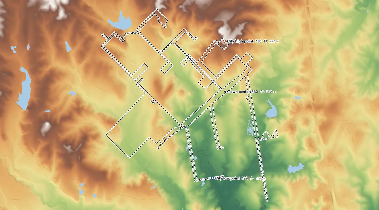 Topographic elevation map of Niederwald, Texas, shaded from 490 ft on the south side to 730 ft on the north side