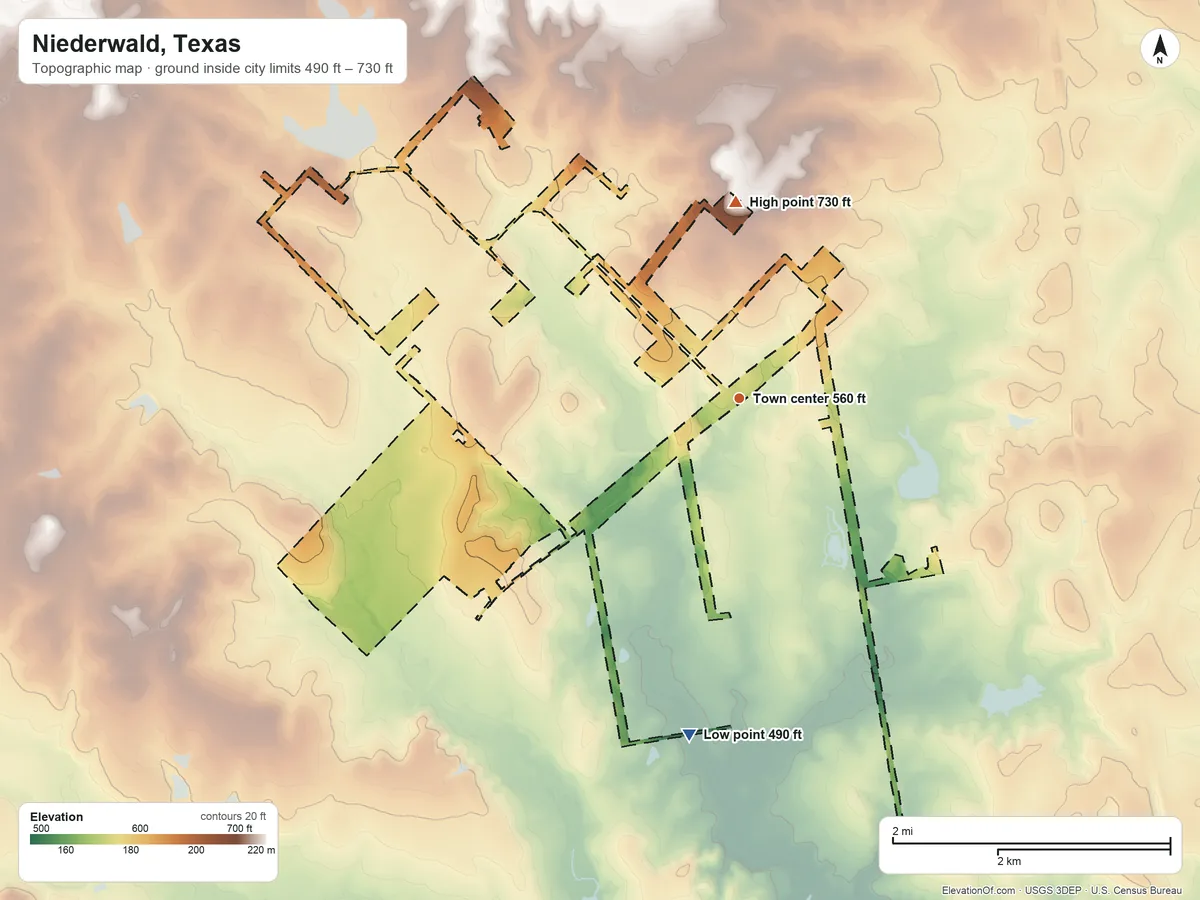 Topographic elevation map of Niederwald, Texas, shaded from 490 ft on the south side to 730 ft on the north side