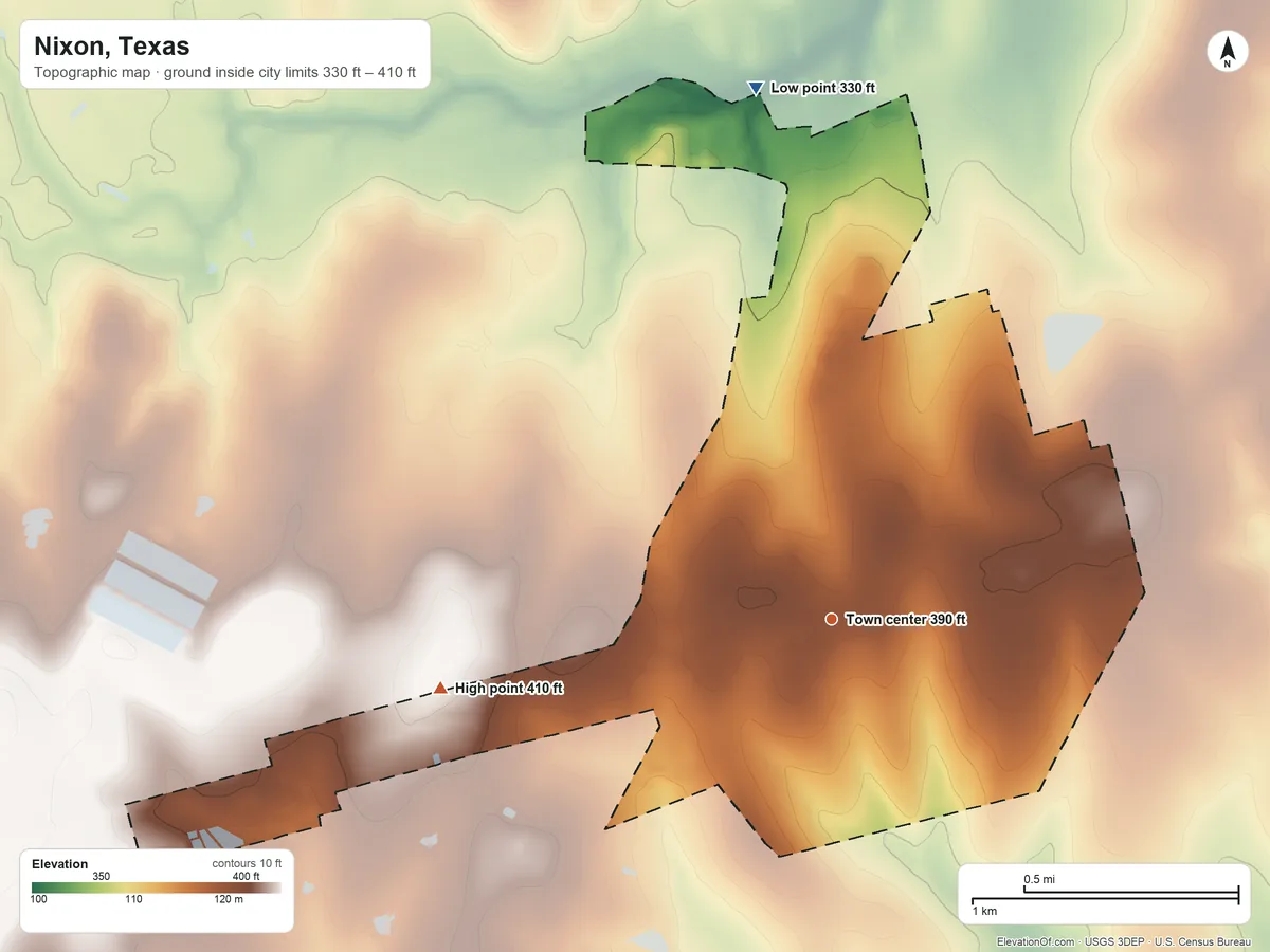 Topographic elevation map of Nixon, Texas, shaded from 330 ft on the north side to 410 ft on the west side