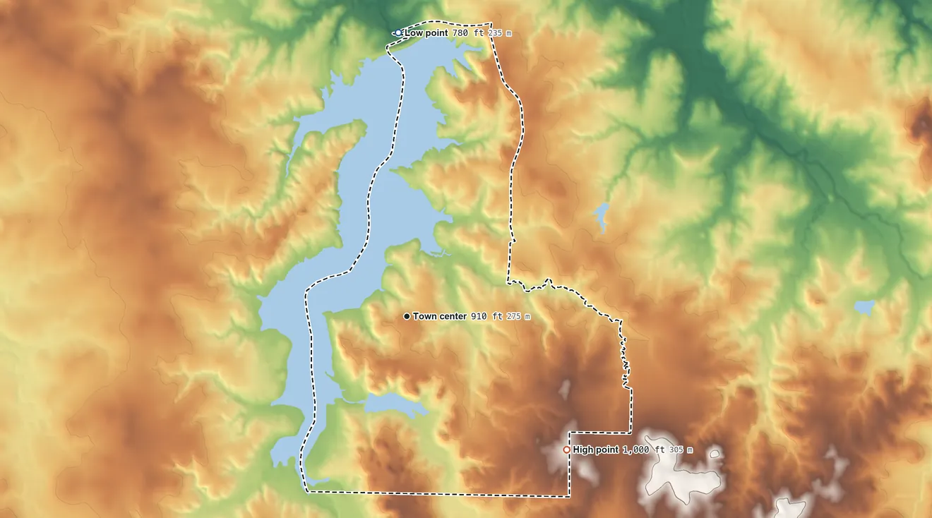 Topographic elevation map of Nocona Hills, Texas, shaded from 780 ft on the north side to 1,000 ft on the southeast side