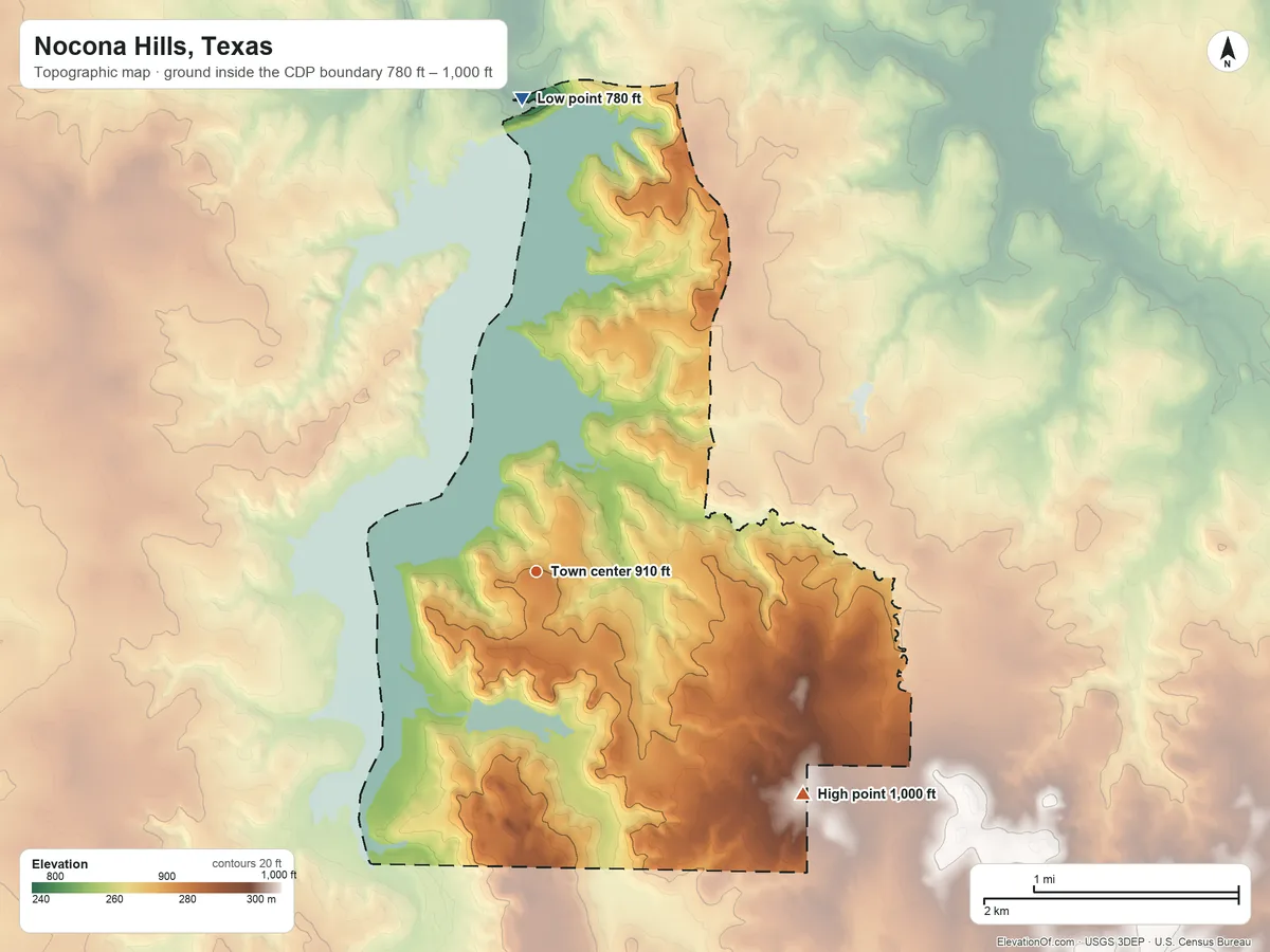 Topographic elevation map of Nocona Hills, Texas, shaded from 780 ft on the north side to 1,000 ft on the southeast side