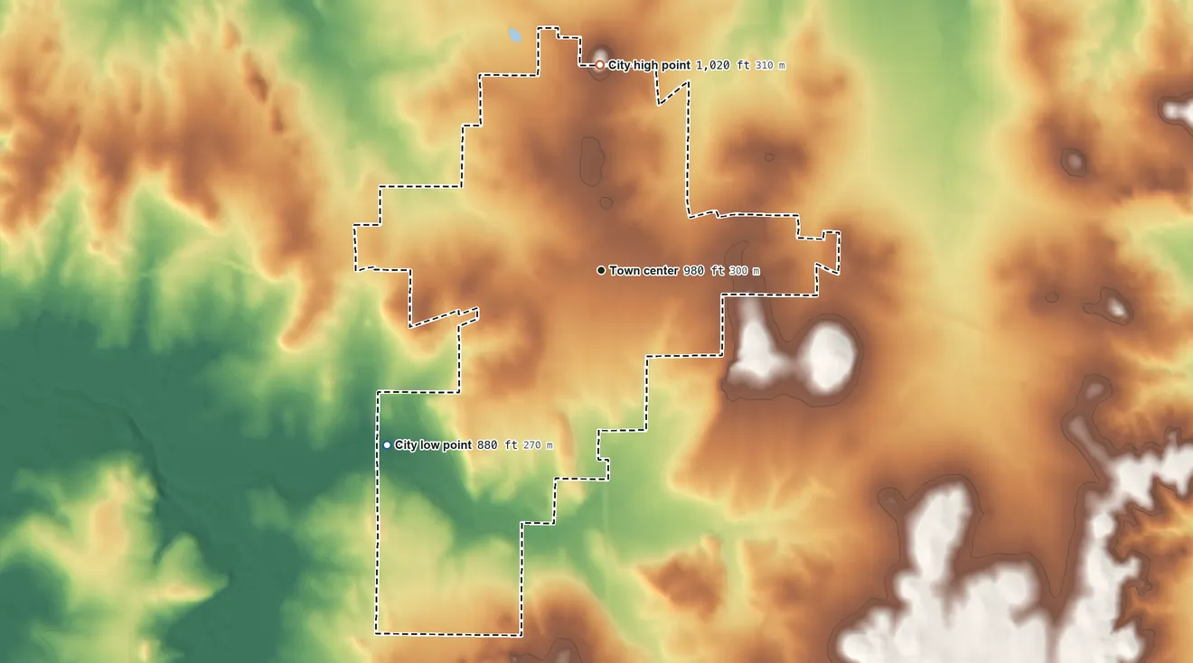 Topographic elevation map of Nocona, Texas, shaded from 880 ft on the southwest side to 1,020 ft on Blue Mound