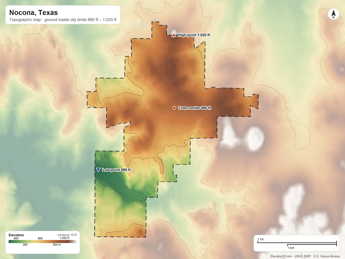 Topographic elevation map of Nocona, Texas, shaded from 880 ft on the southwest side to 1,020 ft on Blue Mound