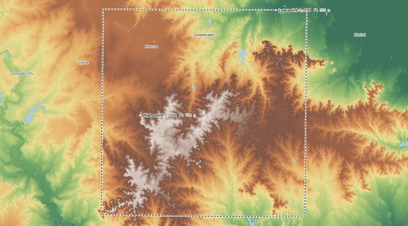 Topographic elevation map of Nolan County, Texas, shaded from 1,890 ft on the northeast side to 2,604 ft on Bench Mountain