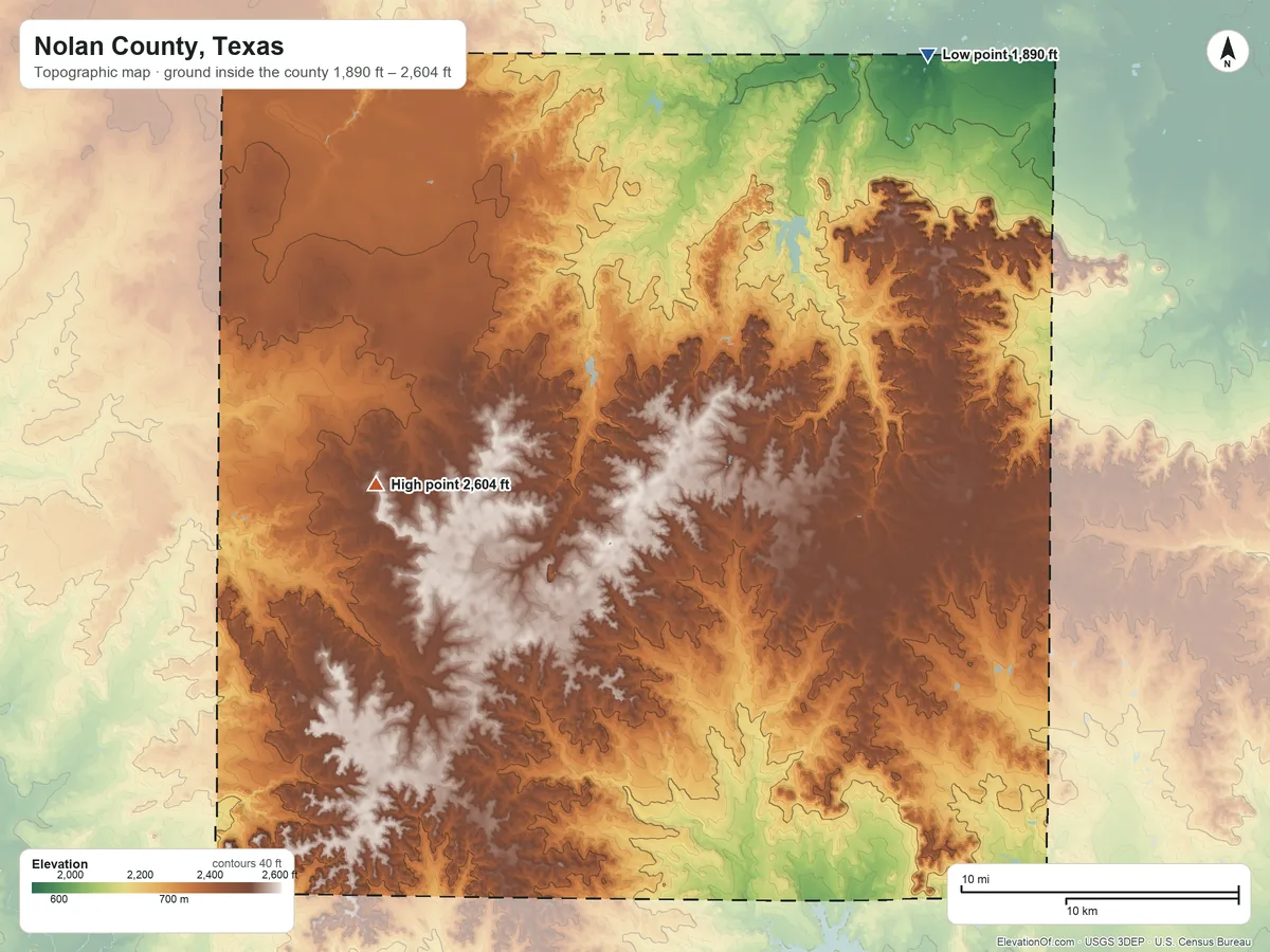 Topographic elevation map of Nolan County, Texas, shaded from 1,890 ft on the northeast side to 2,604 ft on Bench Mountain