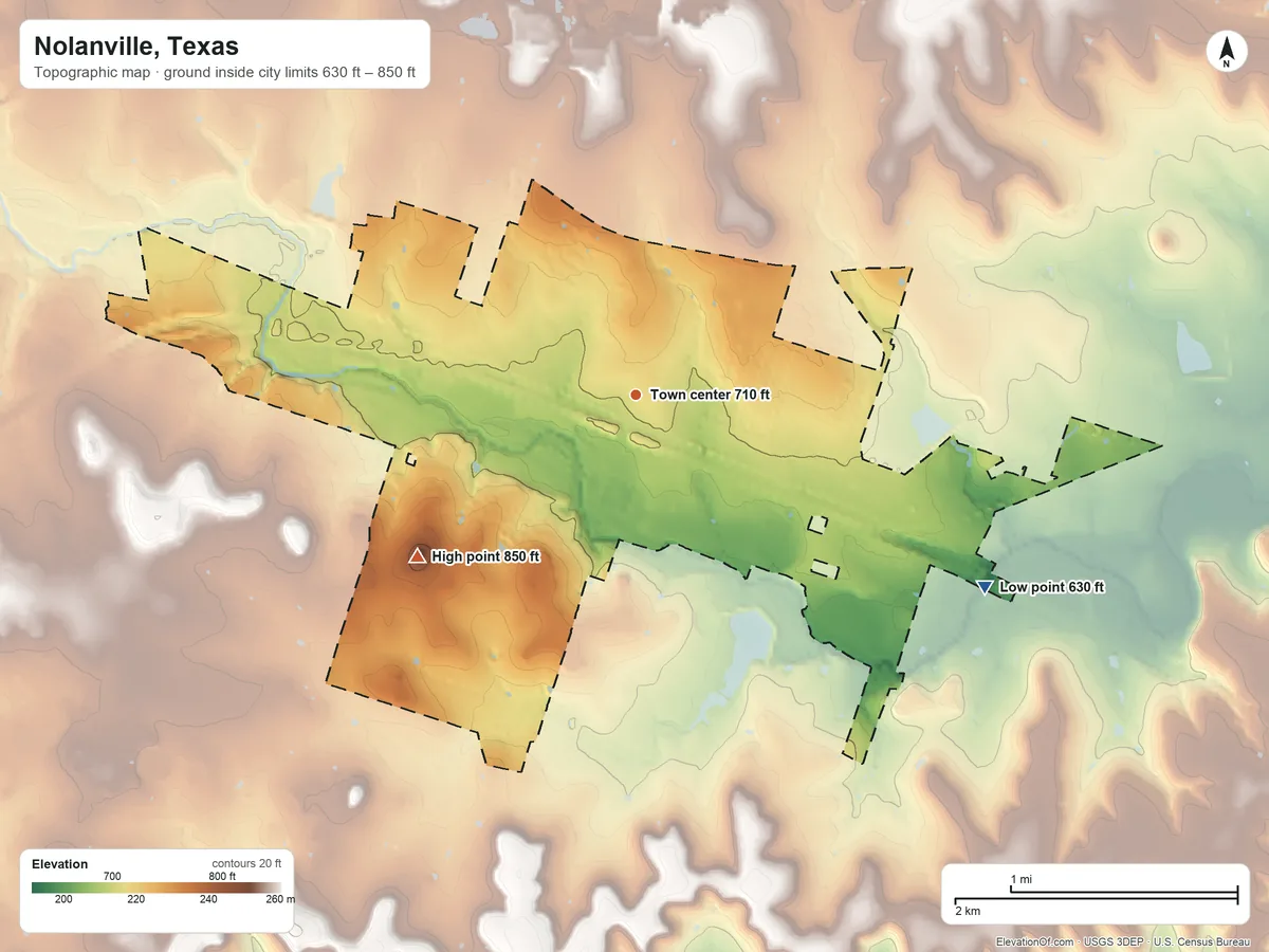 Topographic elevation map of Nolanville, Texas, shaded from 630 ft on the southeast side to 850 ft on the southwest side