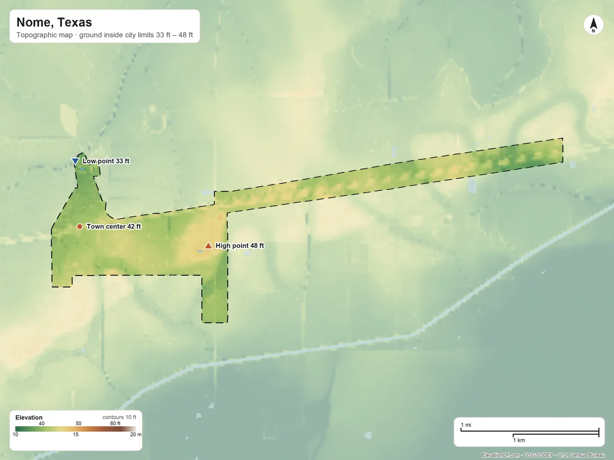 Topographic elevation map of Nome, Texas, shaded from 33 ft on the north side to 48 ft on the east side
