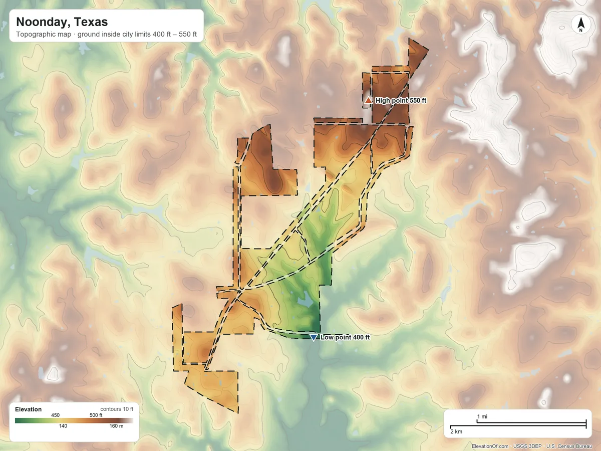 Topographic elevation map of Noonday, Texas, shaded from 400 ft on the south side to 550 ft on the northeast side
