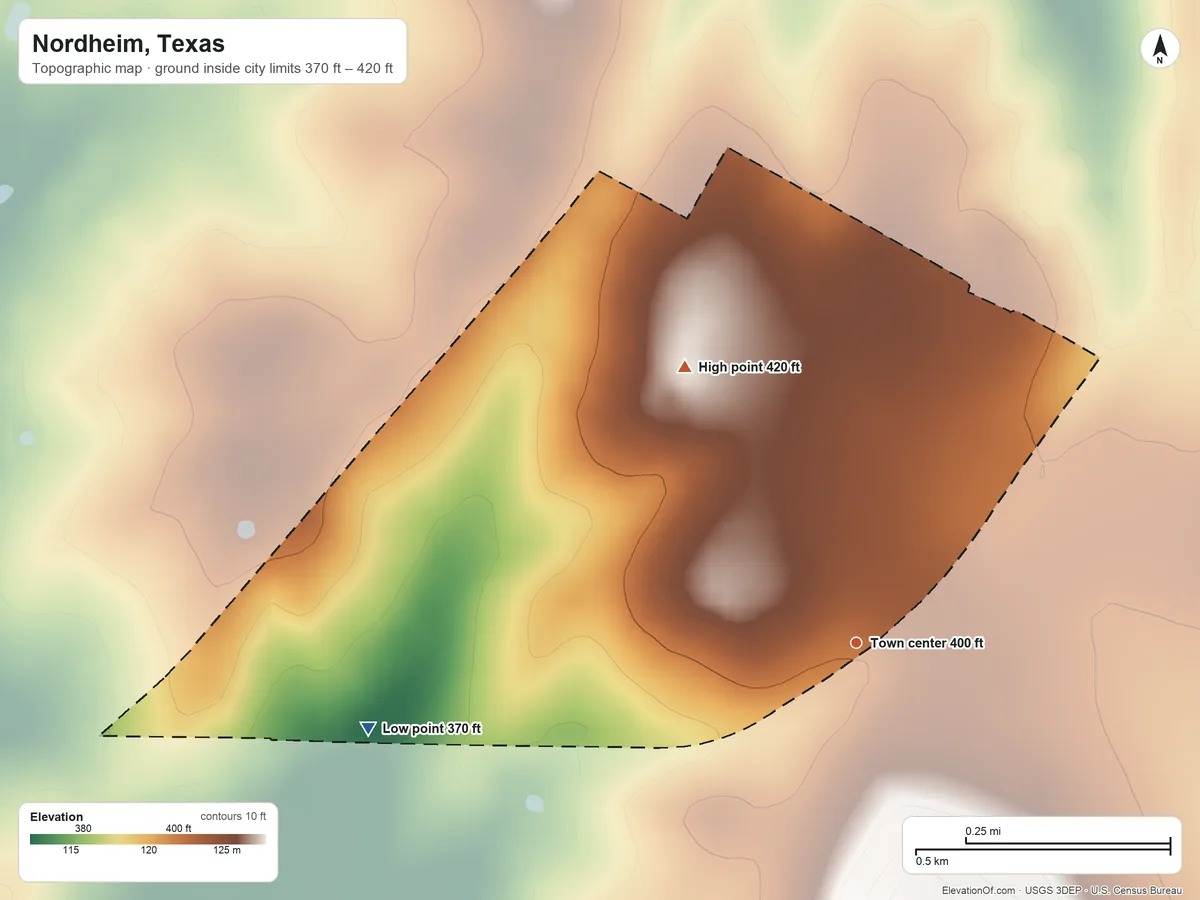 Topographic elevation map of Nordheim, Texas, shaded from 370 ft on the west side to 420 ft on the northwest side