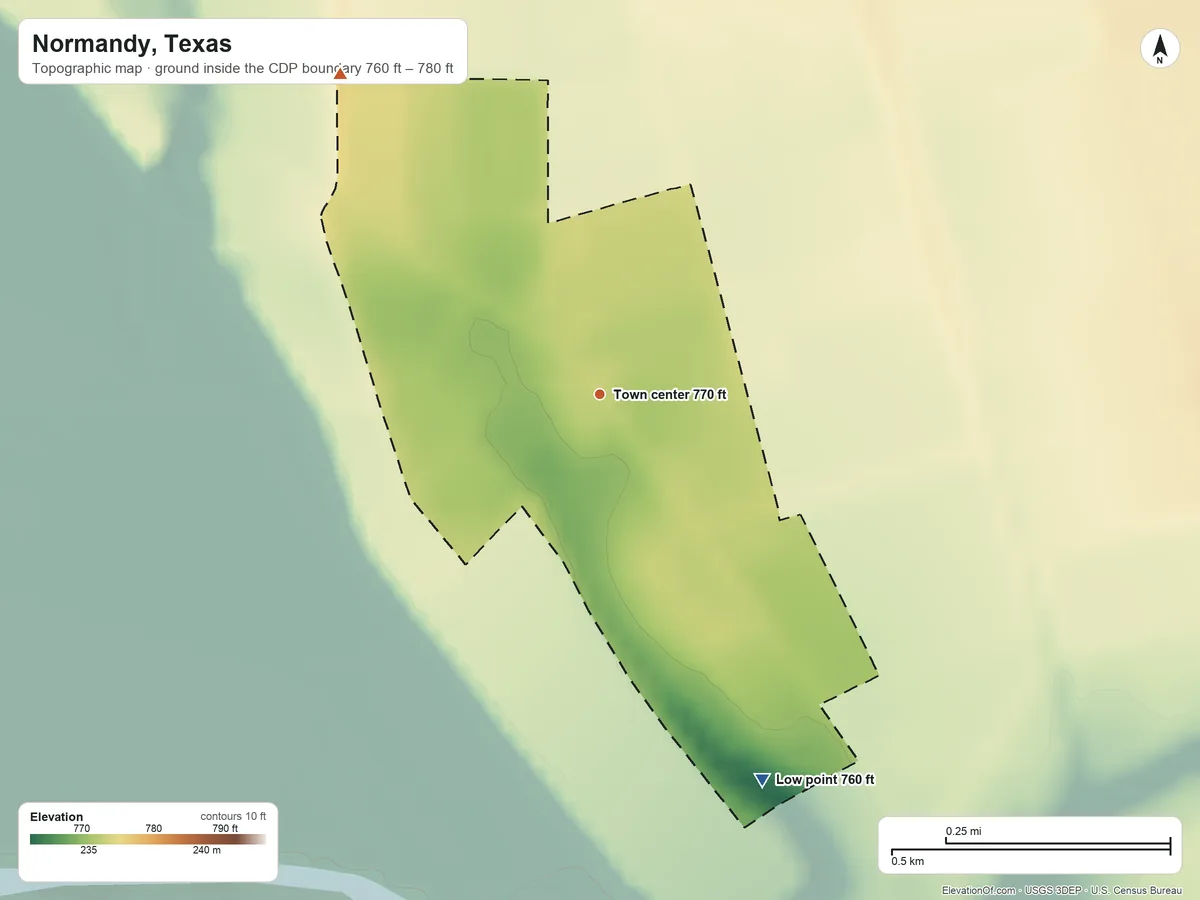 Topographic elevation map of Normandy, Texas, shaded from 760 ft on the southeast side to 780 ft on the northwest side