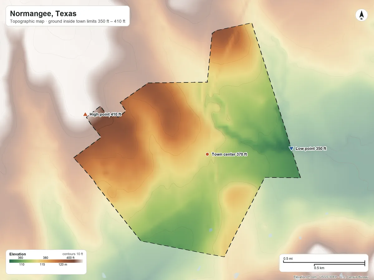 Topographic elevation map of Normangee, Texas, shaded from 350 ft on the east side to 410 ft on the west side