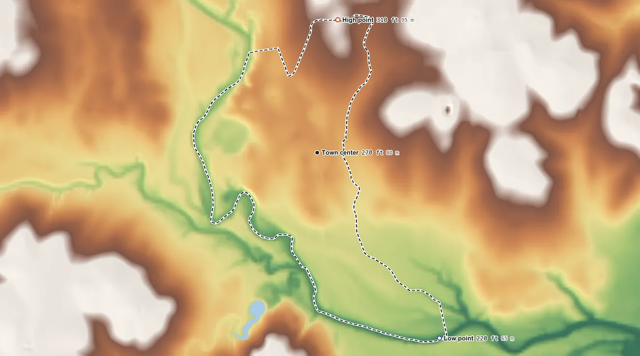 Topographic elevation map of Normanna, Texas, shaded from 220 ft on the southeast side to 310 ft on the north side