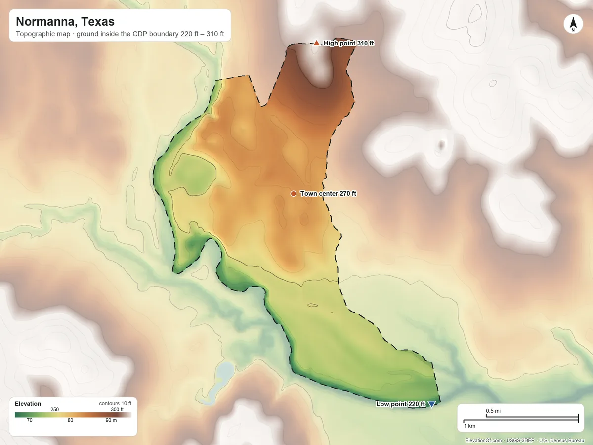 Topographic elevation map of Normanna, Texas, shaded from 220 ft on the southeast side to 310 ft on the north side