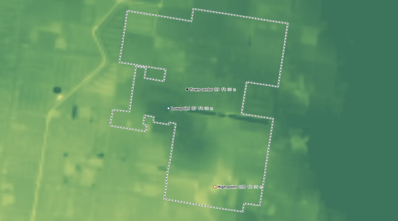 Topographic elevation map of North Alamo, Texas, shaded from 97 ft near the middle to 110 ft on the south side