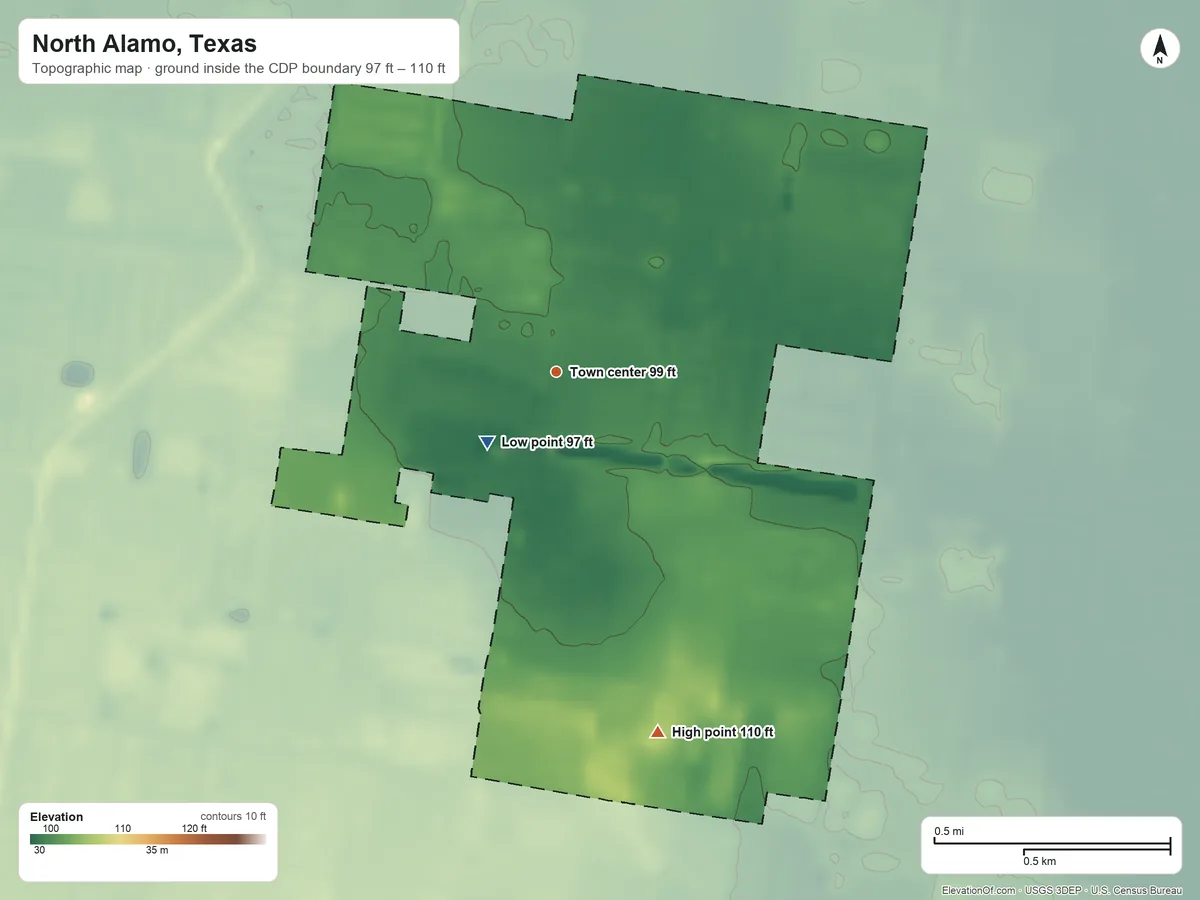 Topographic elevation map of North Alamo, Texas, shaded from 97 ft near the middle to 110 ft on the south side