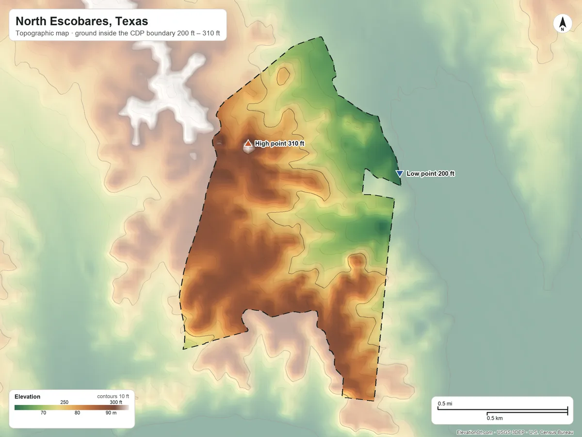 Topographic elevation map of North Escobares, Texas, shaded from 200 ft on the east side to 310 ft on the northwest side