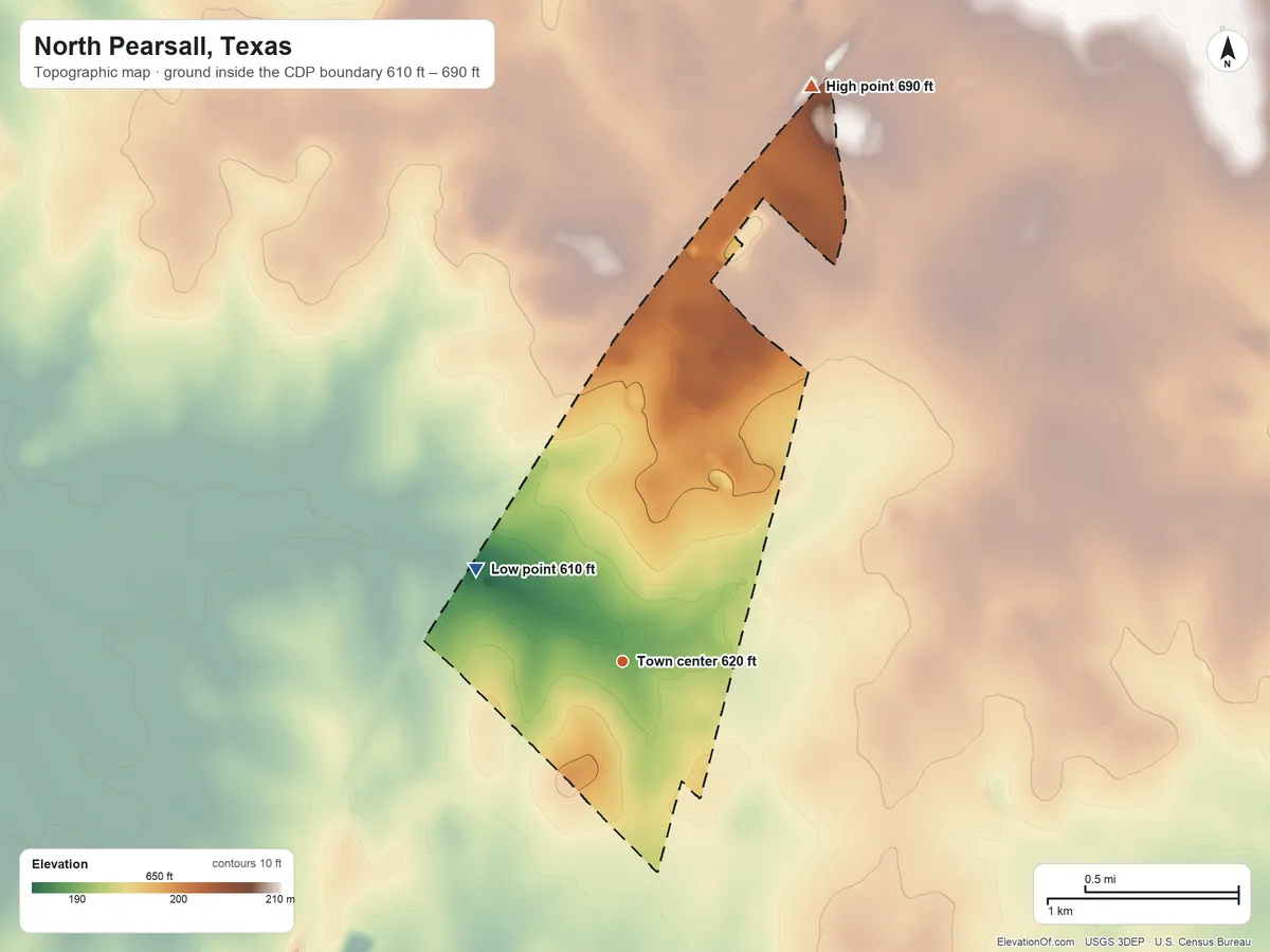 Topographic elevation map of North Pearsall, Texas, shaded from 610 ft on the northwest side to 690 ft on the north side